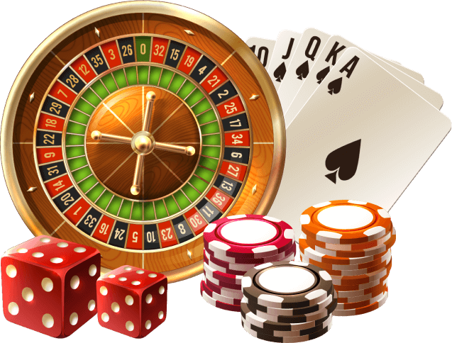 Roulette wheel, playing cards, dice and poker chips